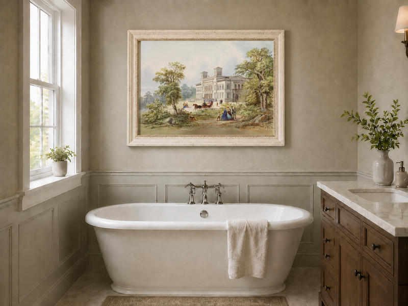 Peinture à l'huile de paysage - Manoir néoclassique
