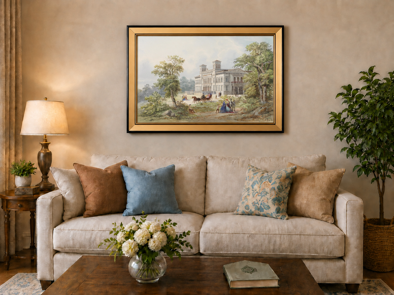 Peinture à l'huile de paysage - Manoir néoclassique
