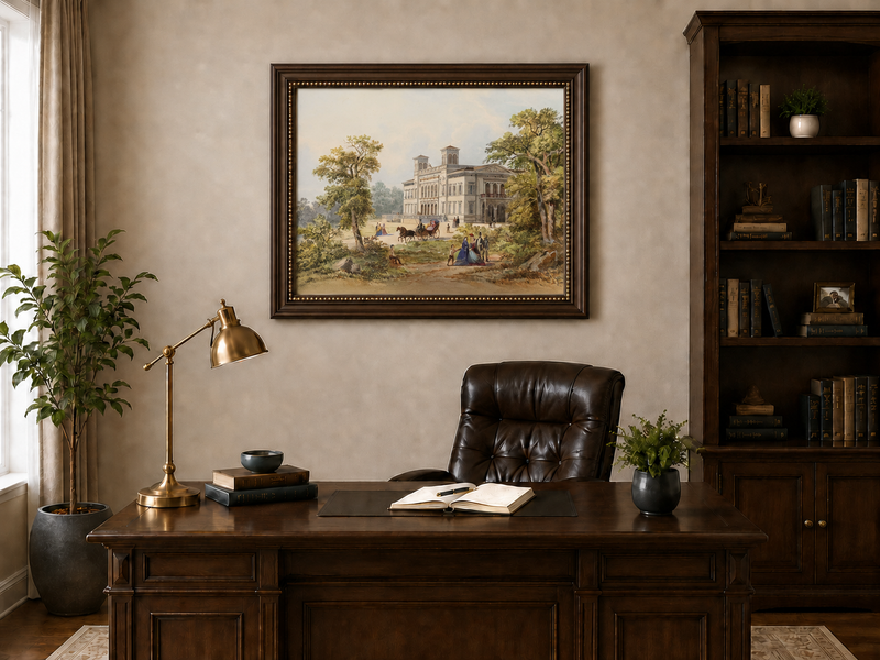 Peinture à l'huile de paysage - Manoir néoclassique