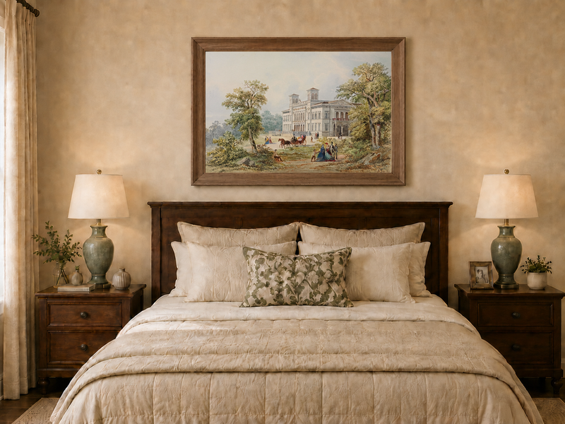 Peinture à l'huile de paysage - Manoir néoclassique
