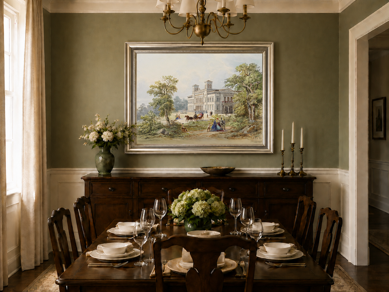 Peinture à l'huile de paysage - Manoir néoclassique