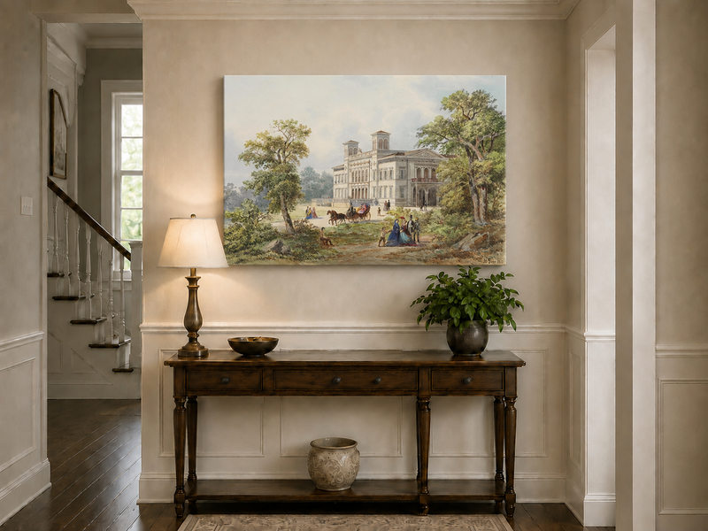 Peinture à l'huile de paysage - Manoir néoclassique