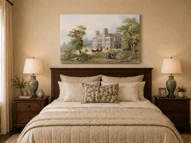 Peinture à l'huile de paysage - Manoir néoclassique