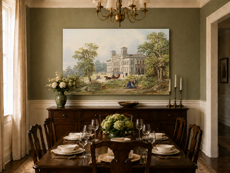 Peinture à l'huile de paysage - Manoir néoclassique