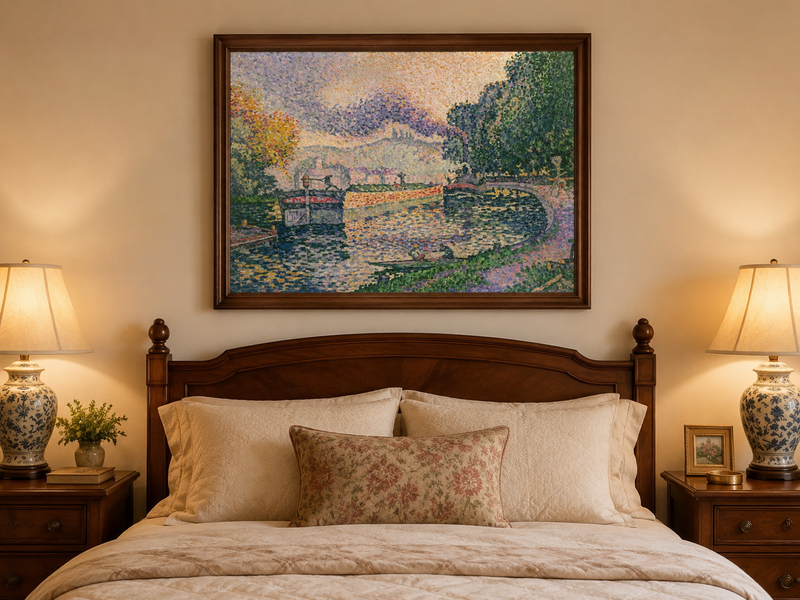 Landscape Oil Painting - Tugboat on the Canal at Samois