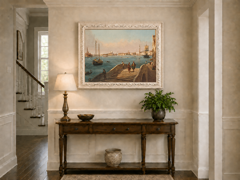 Peinture à l'huile de paysage - Gouffre rocheux spectaculaire avec personnages