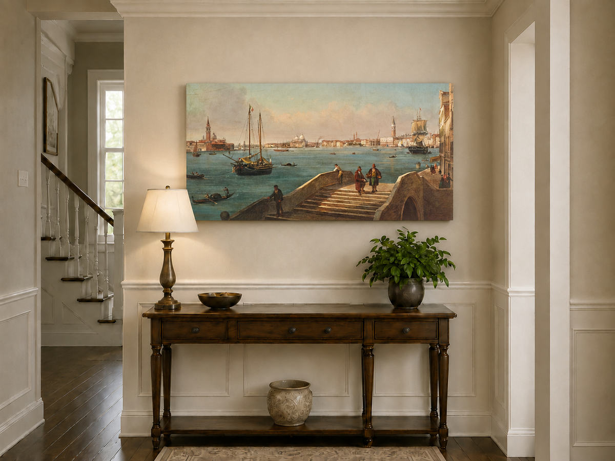 Peinture à l'huile de paysage - Gouffre rocheux spectaculaire avec personnages
