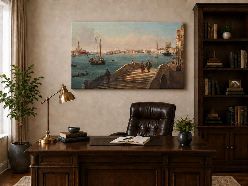 Peinture à l'huile de paysage - Gouffre rocheux spectaculaire avec personnages