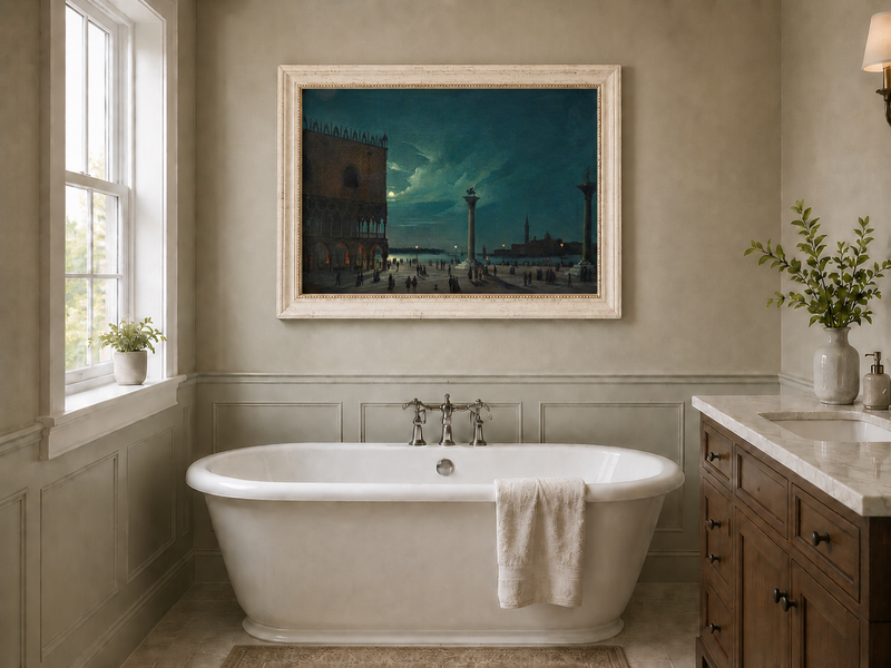 Landscape Oil Painting - Moonlit Venice Piazzetta and Lagoon