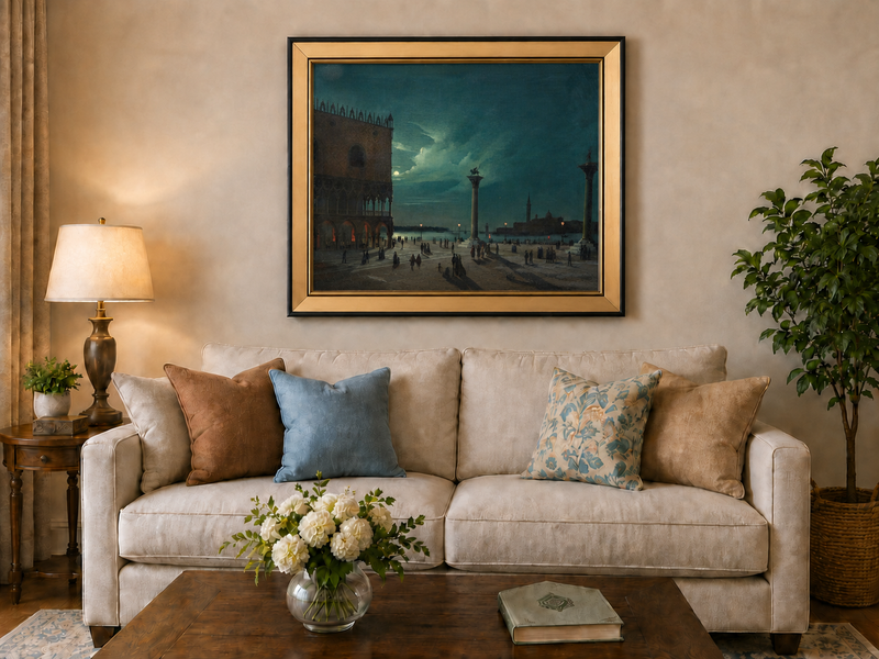 Landscape Oil Painting - Moonlit Venice Piazzetta and Lagoon