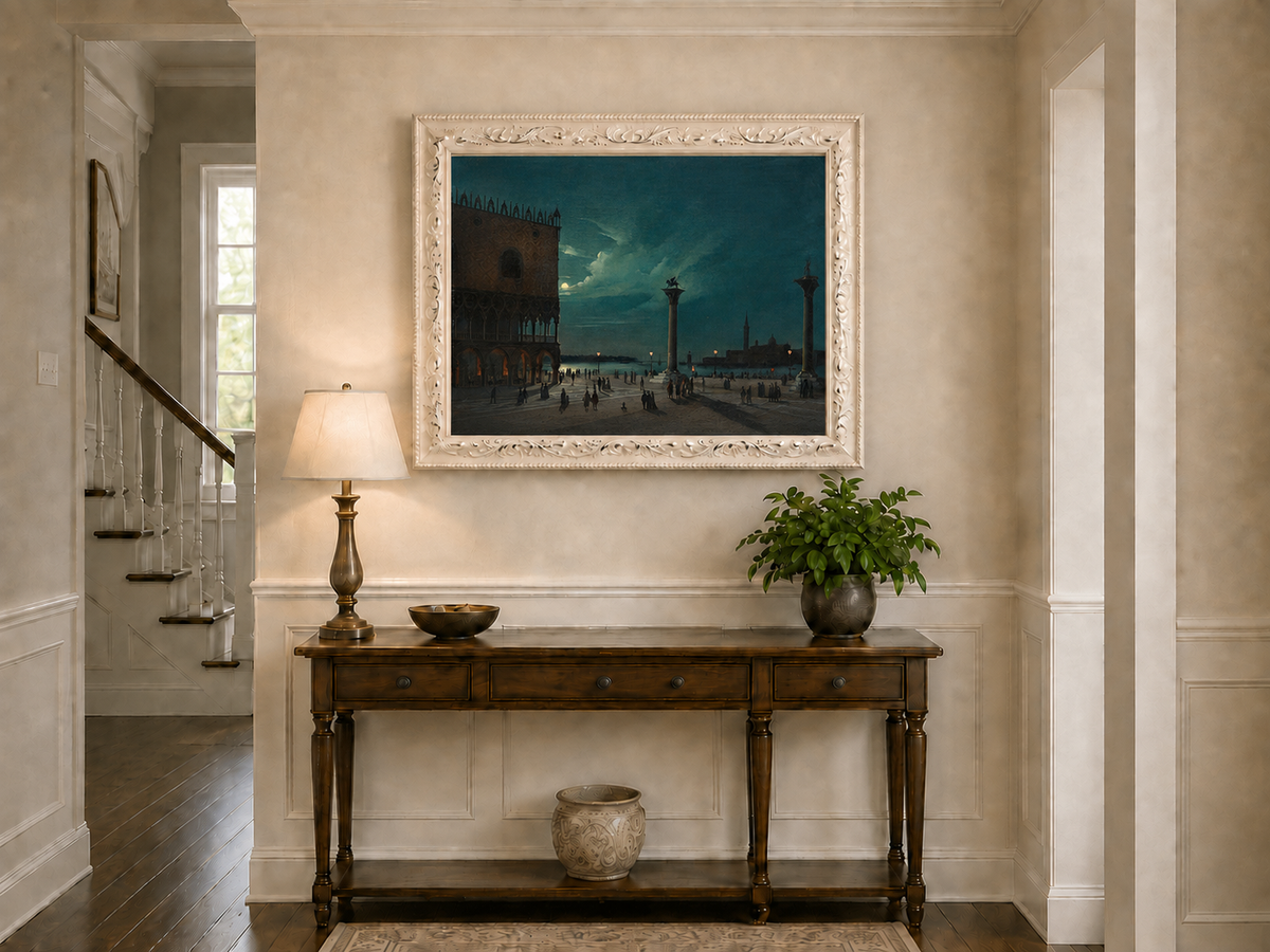 Landscape Oil Painting - Moonlit Venice Piazzetta and Lagoon