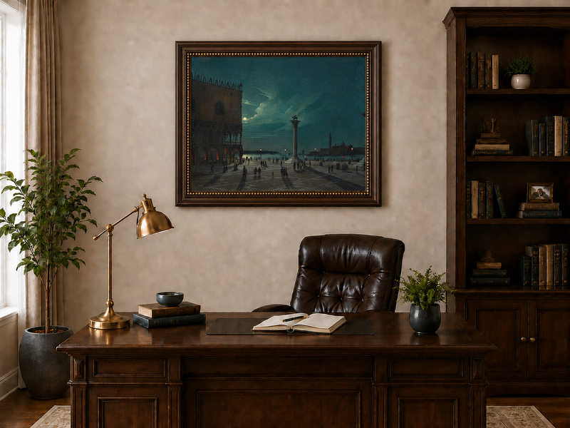 Landscape Oil Painting - Moonlit Venice Piazzetta and Lagoon