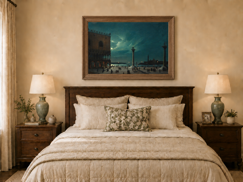 Landscape Oil Painting - Moonlit Venice Piazzetta and Lagoon
