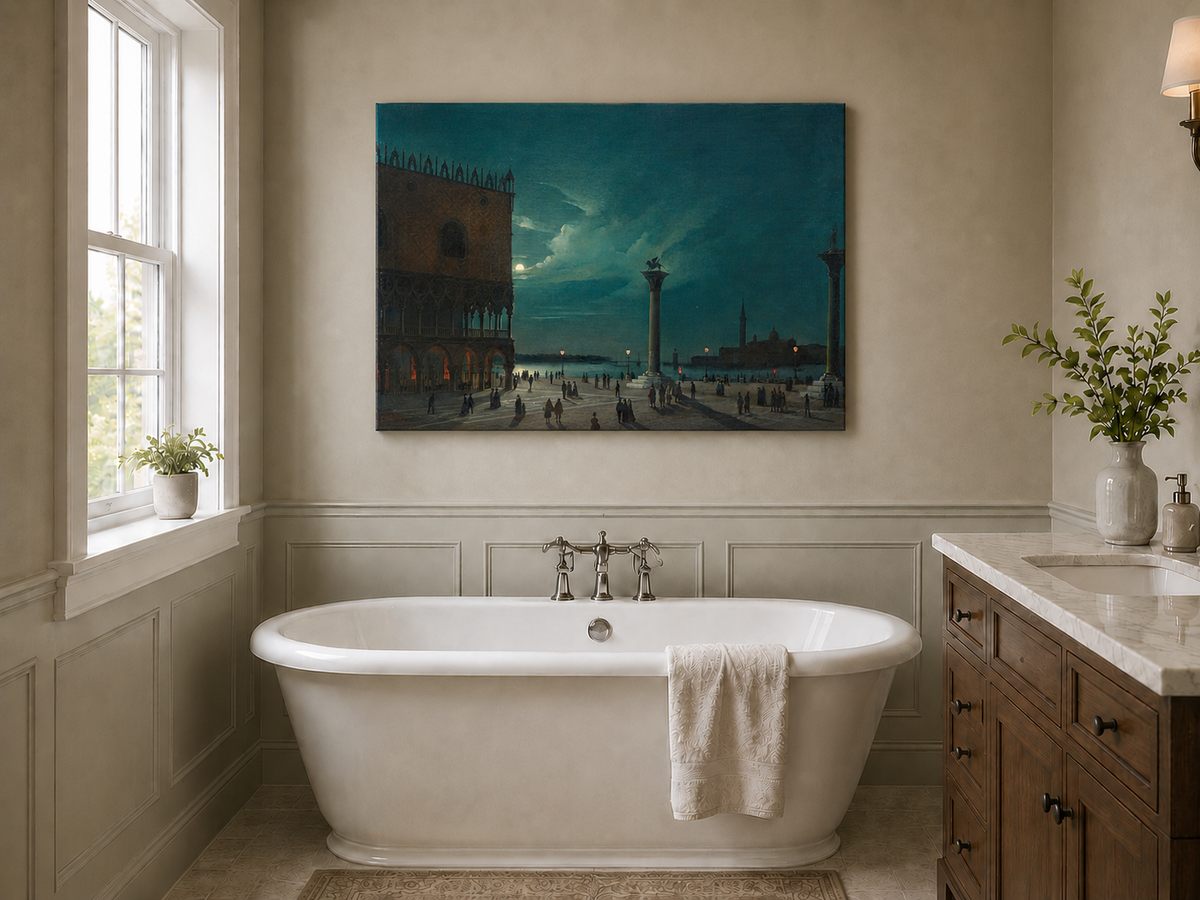 Landscape Oil Painting - Moonlit Venice Piazzetta and Lagoon