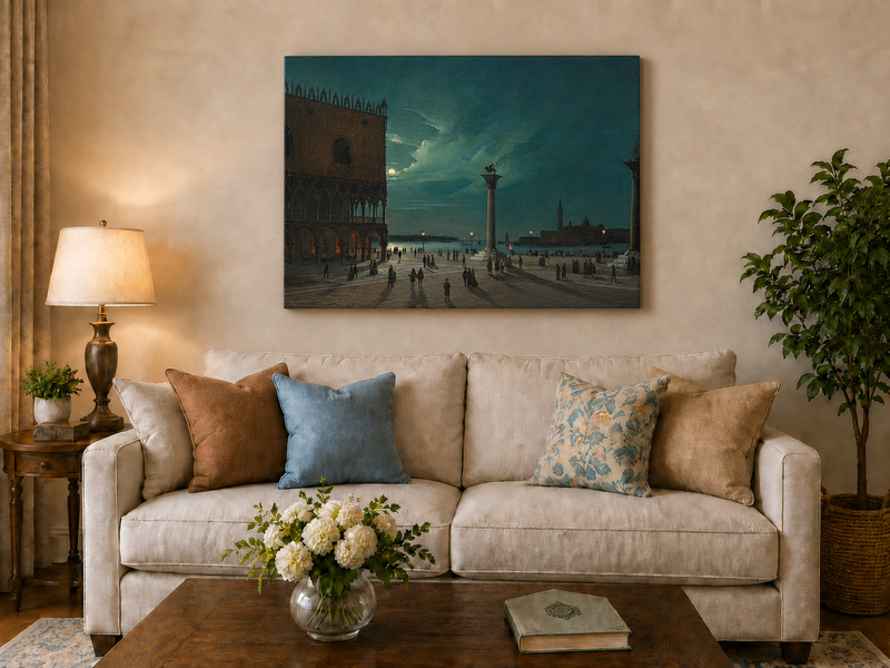 Landscape Oil Painting - Moonlit Venice Piazzetta and Lagoon