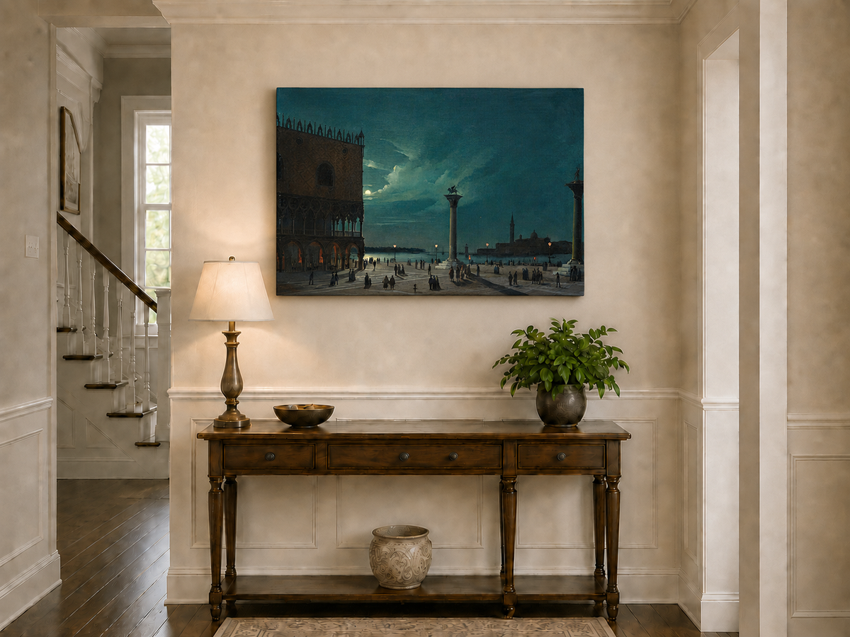 Landscape Oil Painting - Moonlit Venice Piazzetta and Lagoon