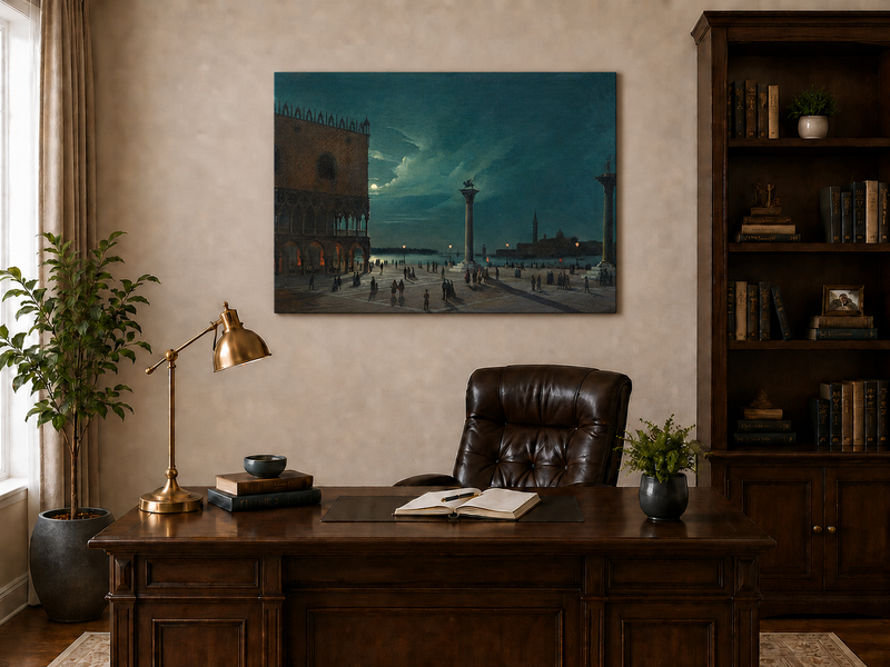 Landscape Oil Painting - Moonlit Venice Piazzetta and Lagoon