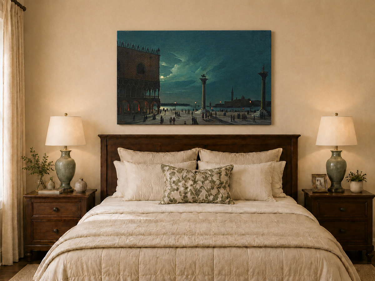 Landscape Oil Painting - Moonlit Venice Piazzetta and Lagoon