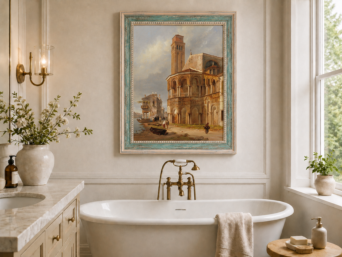Landscape Oil Painting - Murano Church with Canal Boats and Tower
