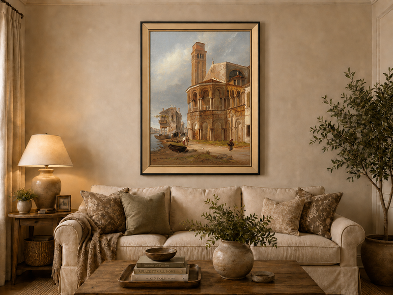 Landscape Oil Painting - Murano Church with Canal Boats and Tower