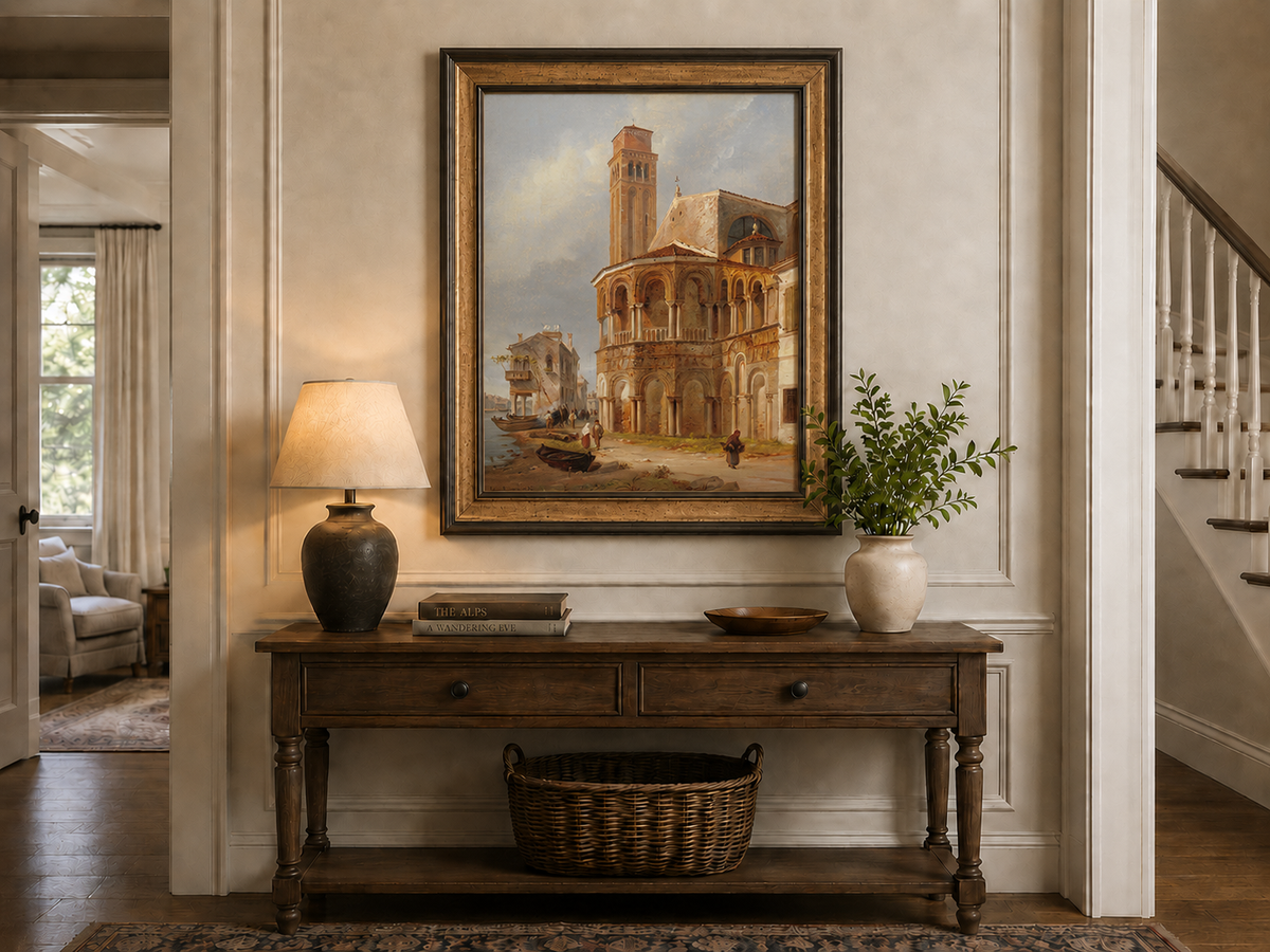 Landscape Oil Painting - Murano Church with Canal Boats and Tower