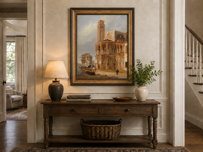 Landscape Oil Painting - Murano Church with Canal Boats and Tower