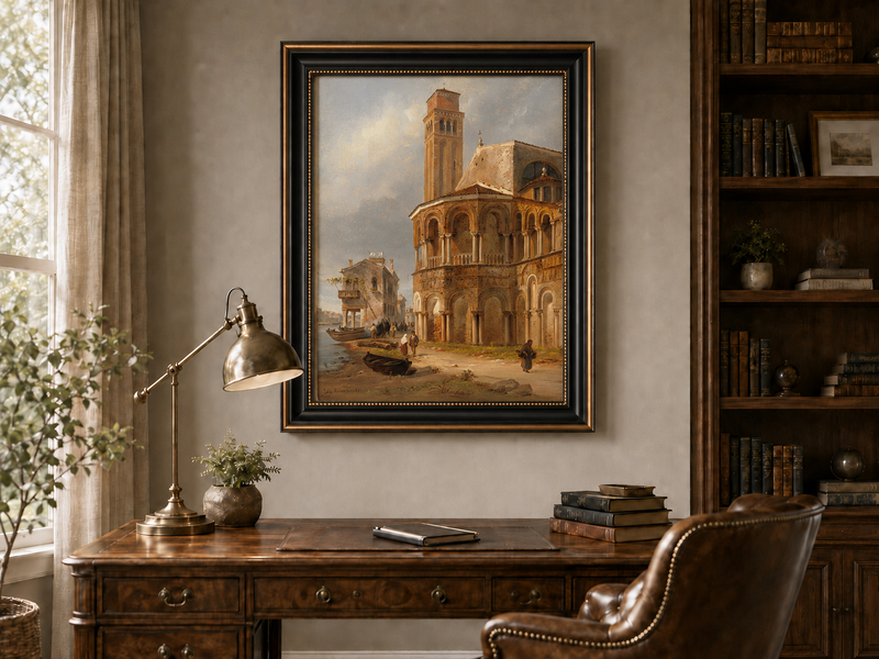 Landscape Oil Painting - Murano Church with Canal Boats and Tower