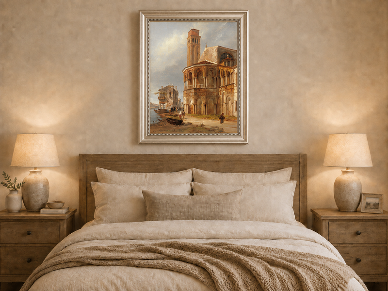 Landscape Oil Painting - Murano Church with Canal Boats and Tower