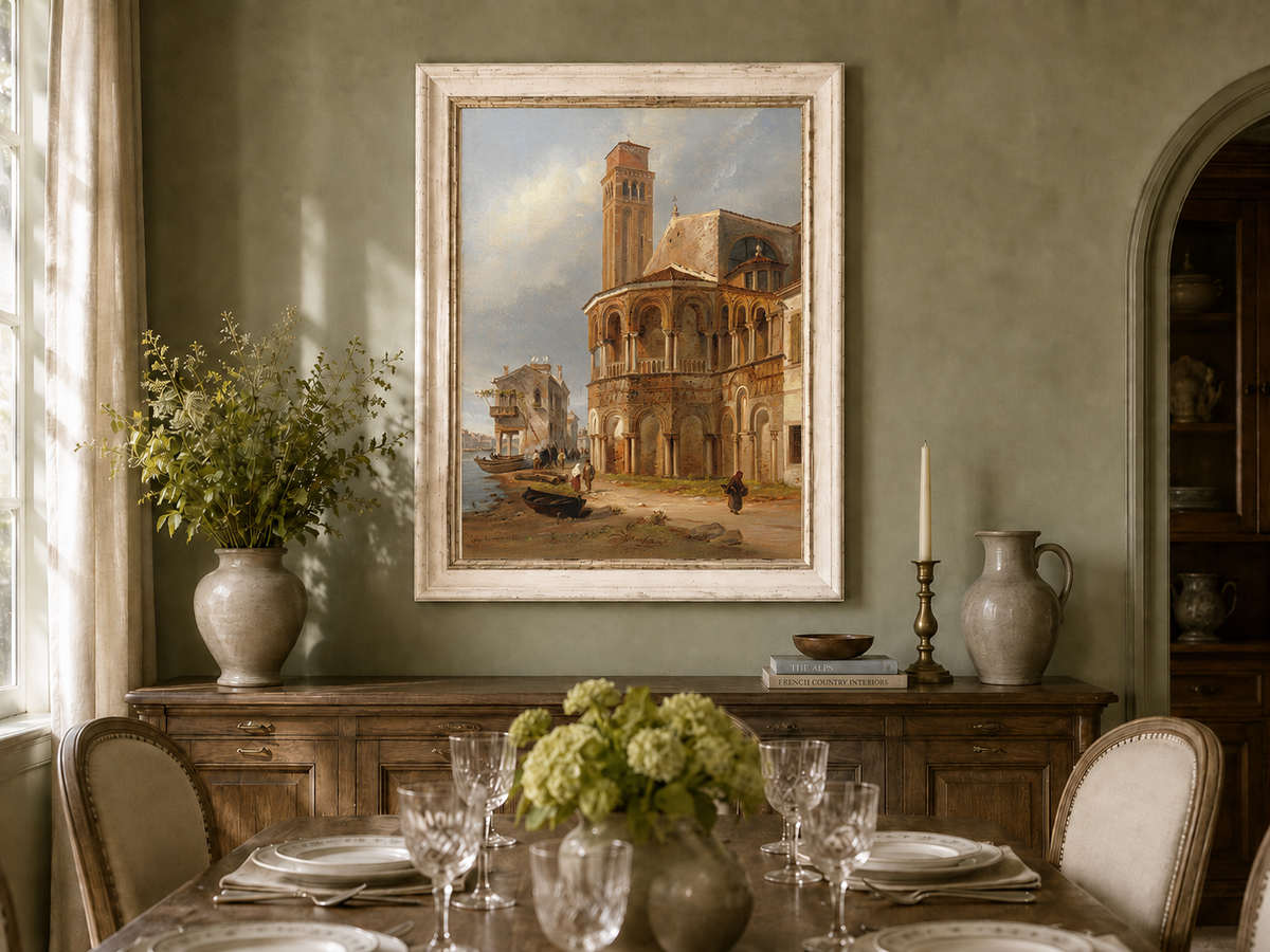 Landscape Oil Painting - Murano Church with Canal Boats and Tower