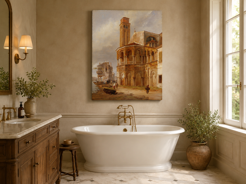 Landscape Oil Painting - Murano Church with Canal Boats and Tower