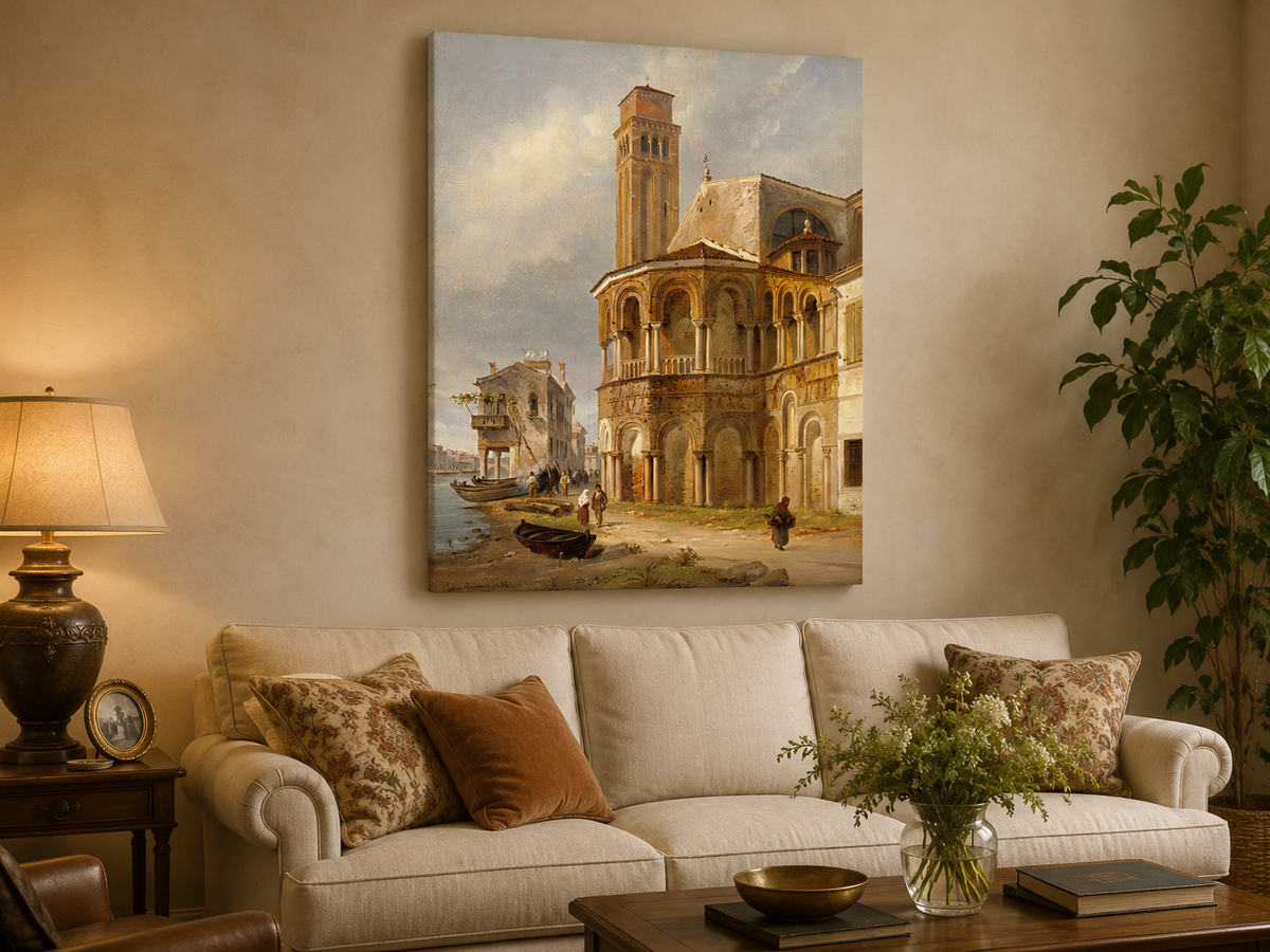 Landscape Oil Painting - Murano Church with Canal Boats and Tower
