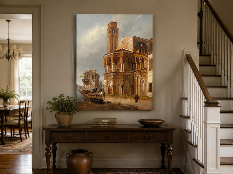 Landscape Oil Painting - Murano Church with Canal Boats and Tower