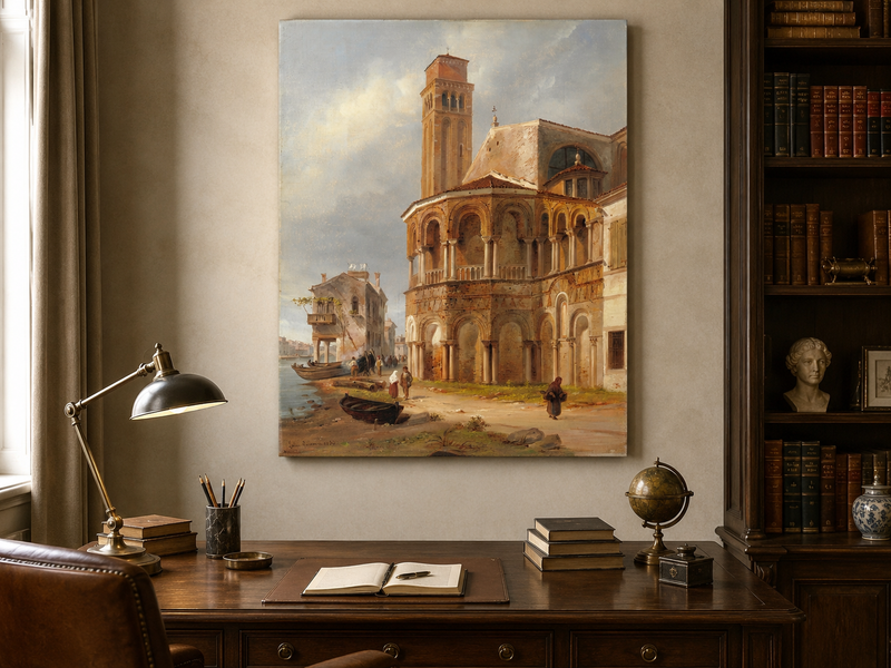 Landscape Oil Painting - Murano Church with Canal Boats and Tower