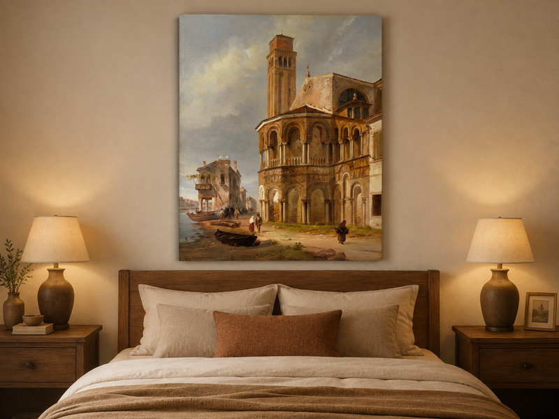 Landscape Oil Painting - Murano Church with Canal Boats and Tower