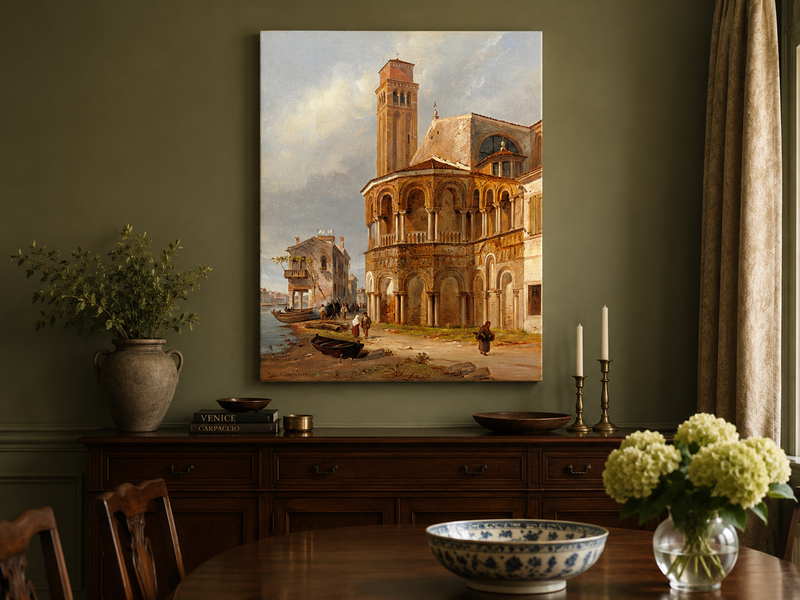 Landscape Oil Painting - Murano Church with Canal Boats and Tower