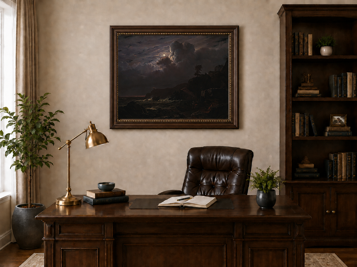 Landscape Oil Painting - Moonlit Rocky Coast with Smugglers