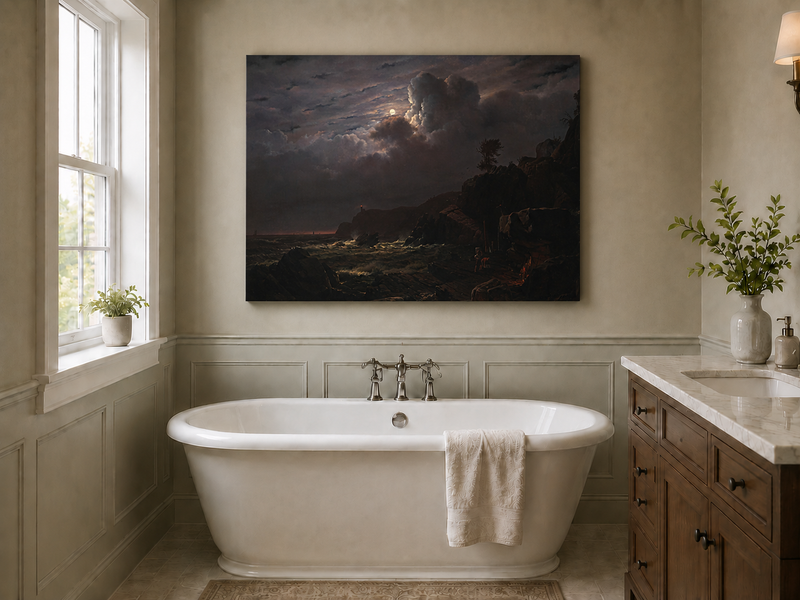 Landscape Oil Painting - Moonlit Rocky Coast with Smugglers