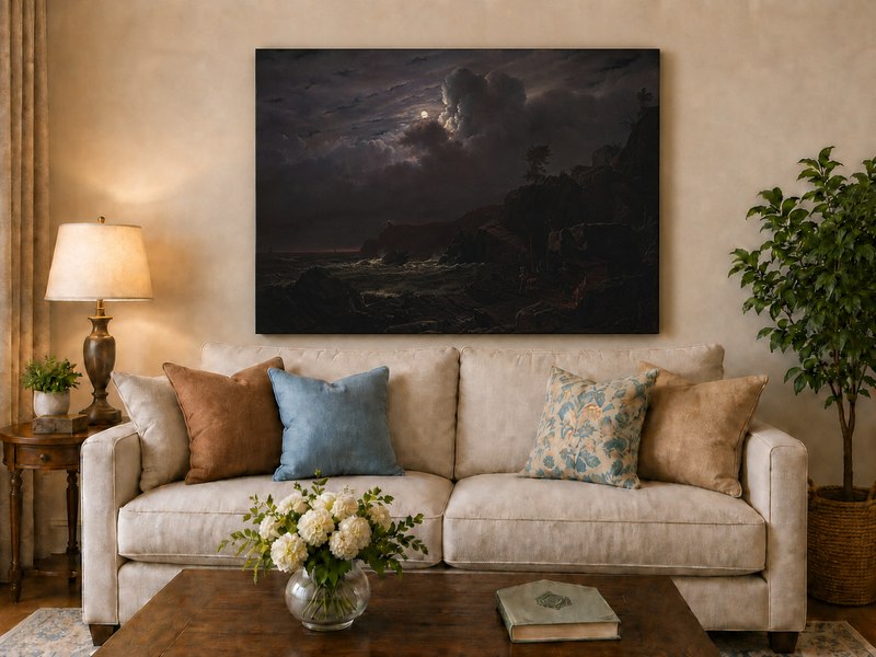 Landscape Oil Painting - Moonlit Rocky Coast with Smugglers