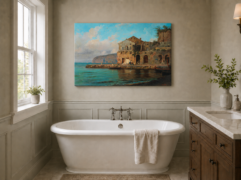 Peinture à l'huile de paysage - Gouffre rocheux spectaculaire avec personnages