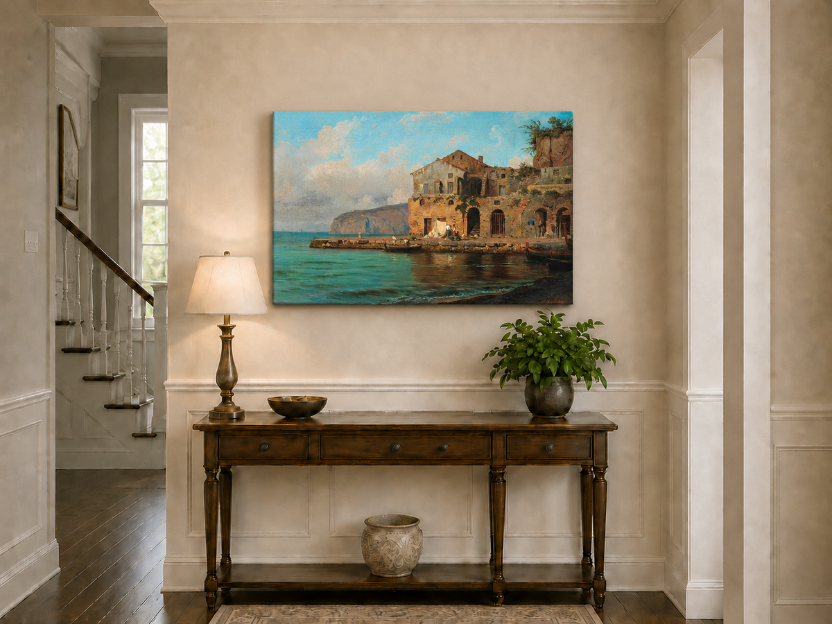 Peinture à l'huile de paysage - Gouffre rocheux spectaculaire avec personnages