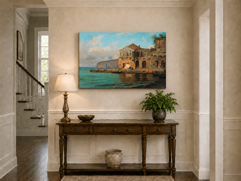 Peinture à l'huile de paysage - Gouffre rocheux spectaculaire avec personnages