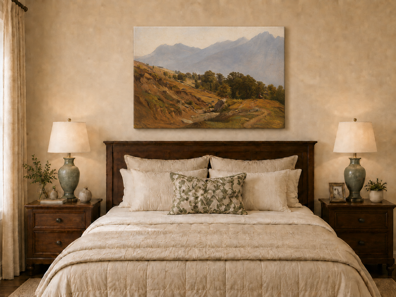 Landscape Oil Painting - Mountain Hillside and Distant Lake