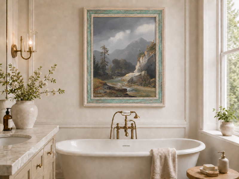 Peinture à l'huile de paysage - Ciel orageux, torrent de montagne