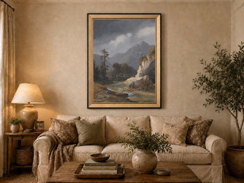 Peinture à l'huile de paysage - Ciel orageux, torrent de montagne