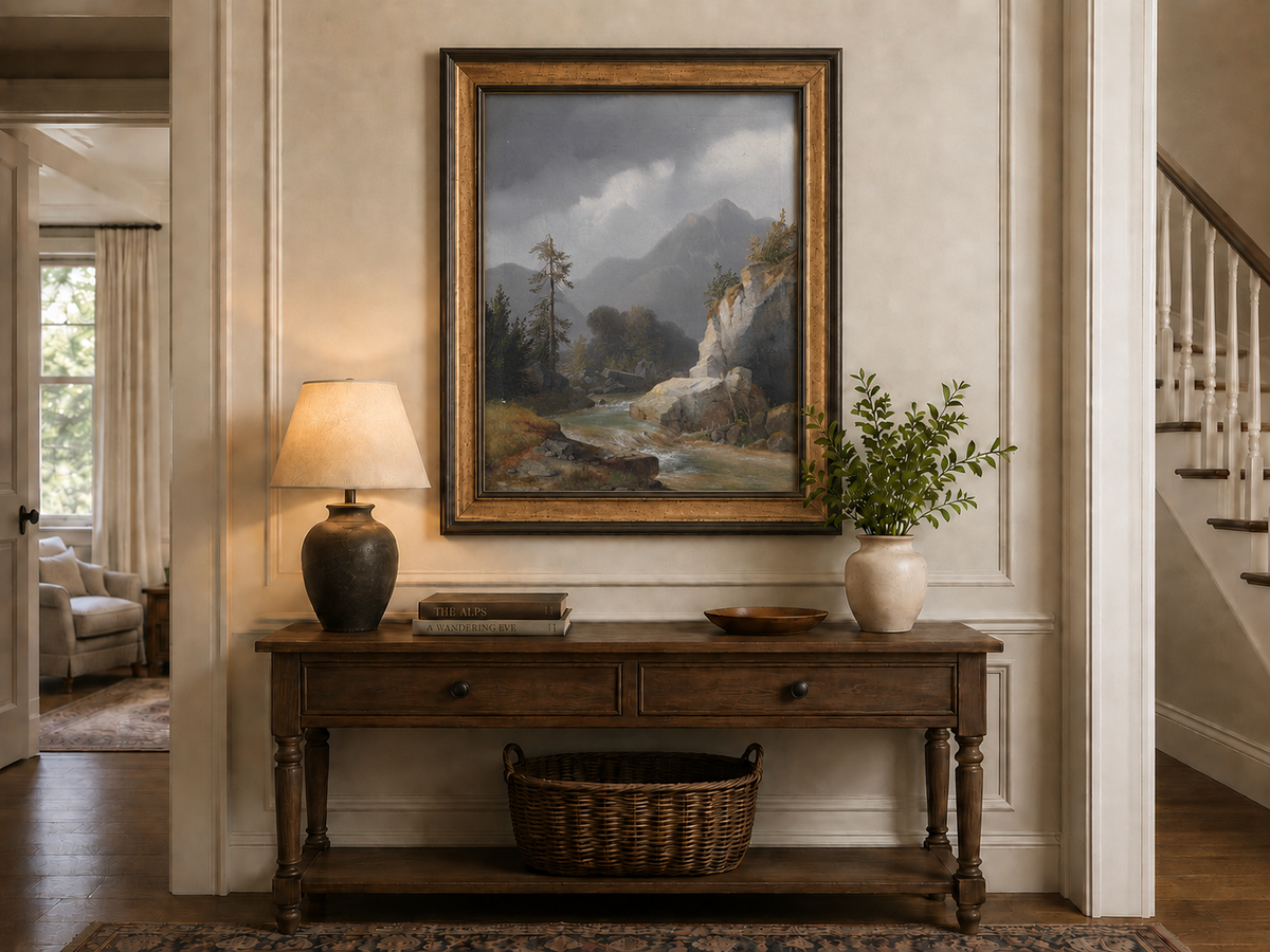 Peinture à l'huile de paysage - Ciel orageux, torrent de montagne