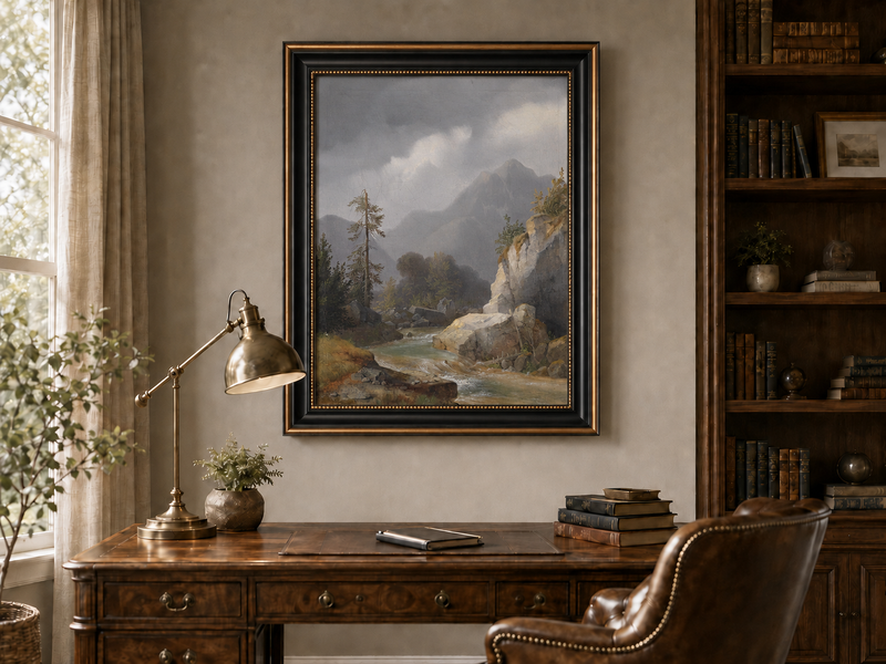 Peinture à l'huile de paysage - Ciel orageux, torrent de montagne