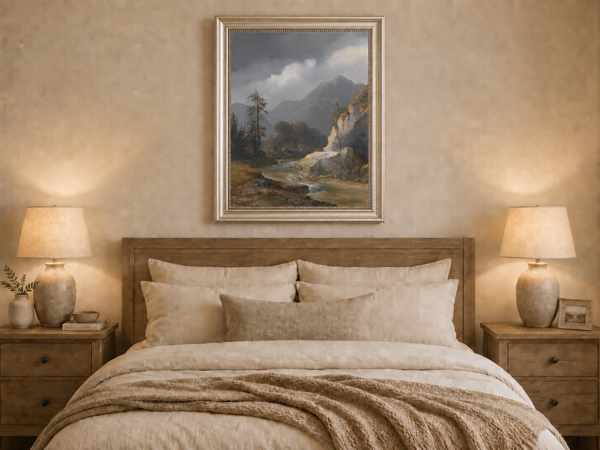 Peinture à l'huile de paysage - Ciel orageux, torrent de montagne