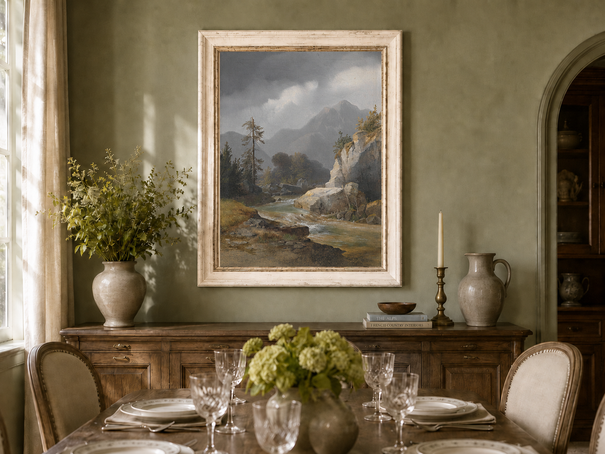 Peinture à l'huile de paysage - Ciel orageux, torrent de montagne