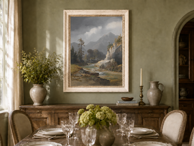 Peinture à l'huile de paysage - Ciel orageux, torrent de montagne