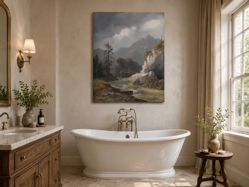 Peinture à l'huile de paysage - Ciel orageux, torrent de montagne